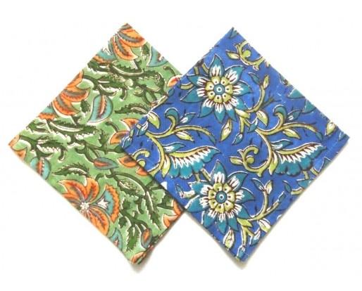 Set of 2 Floral Print Cotton Pocket Square Hanky Handkerchief Green & Blue 12.5"
